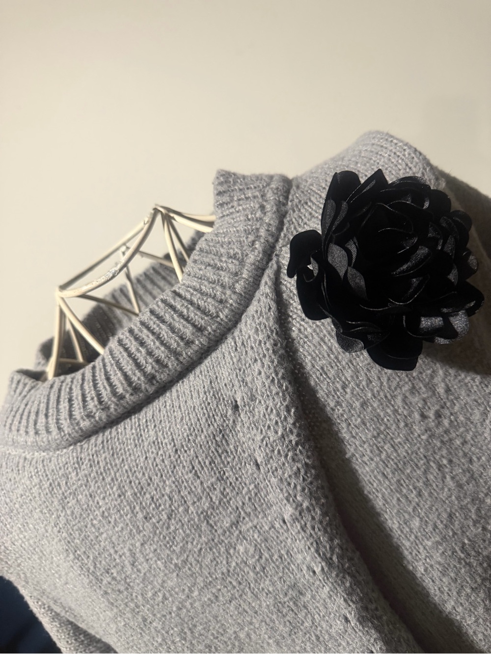 SHEIN Light Gray Crewneck Sweater with Black Floral Brooch - Picture 6 of 10